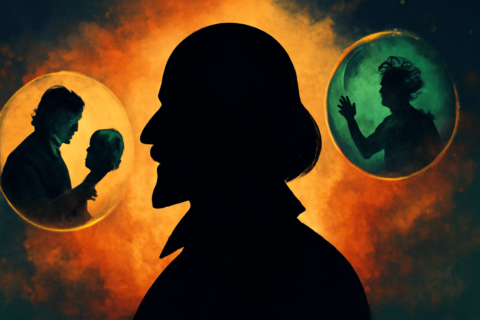A silhouette of William Shakespeare is surrounded by floating scenes of iconic soliloquies