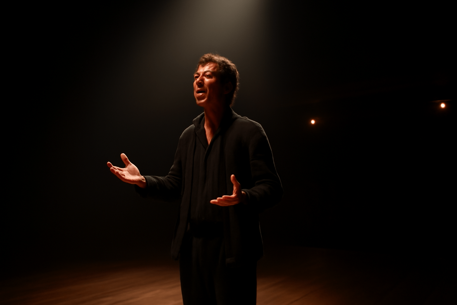 Actor performing a powerful soliloquy on stage
