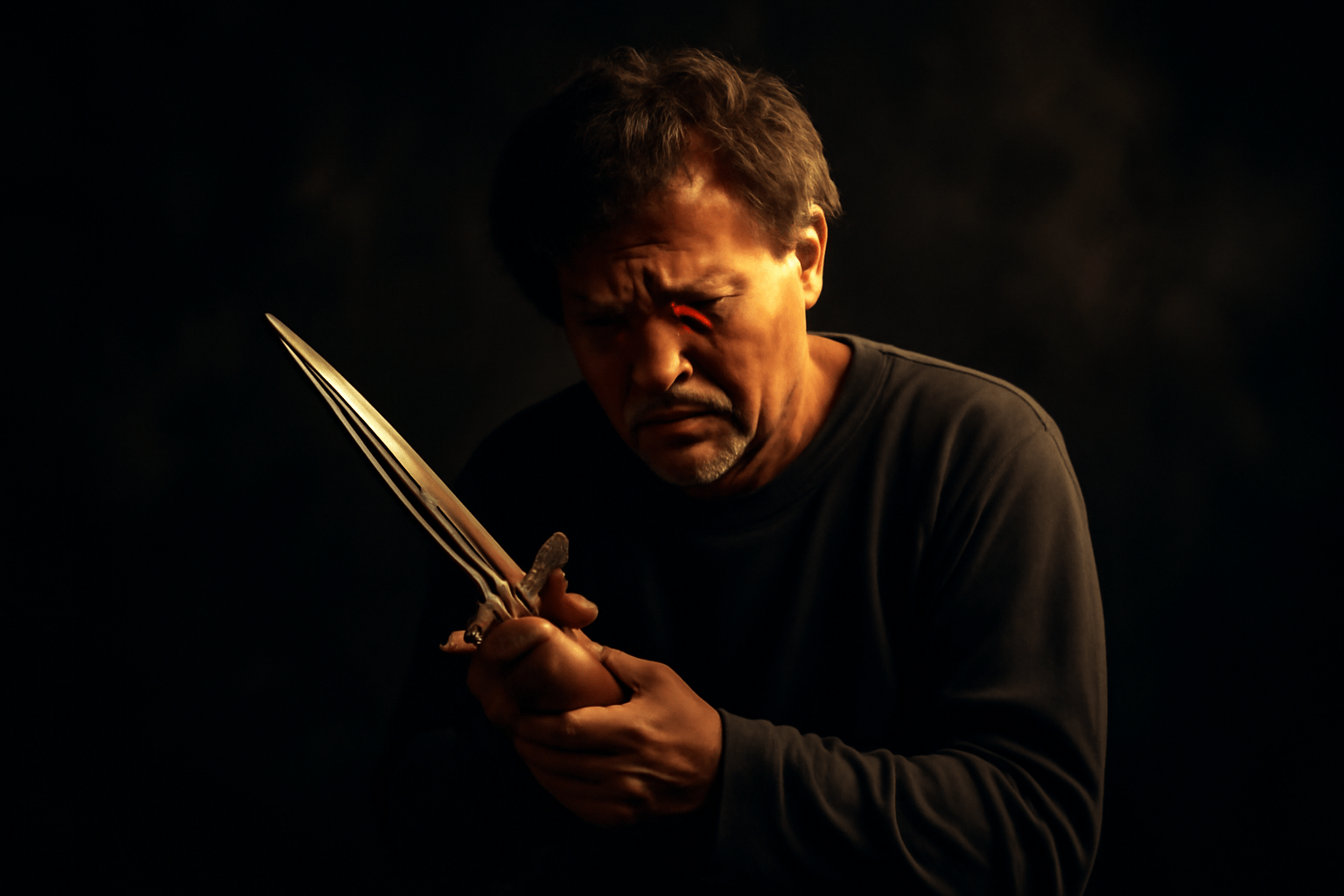 Middle-aged man holding a golden dagger with a pained expression