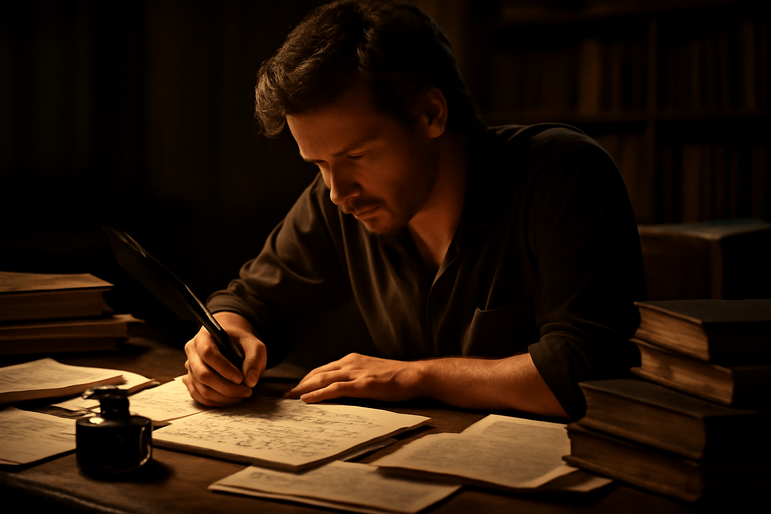 Writer deeply focused on composing a soliloquy at a cluttered desk