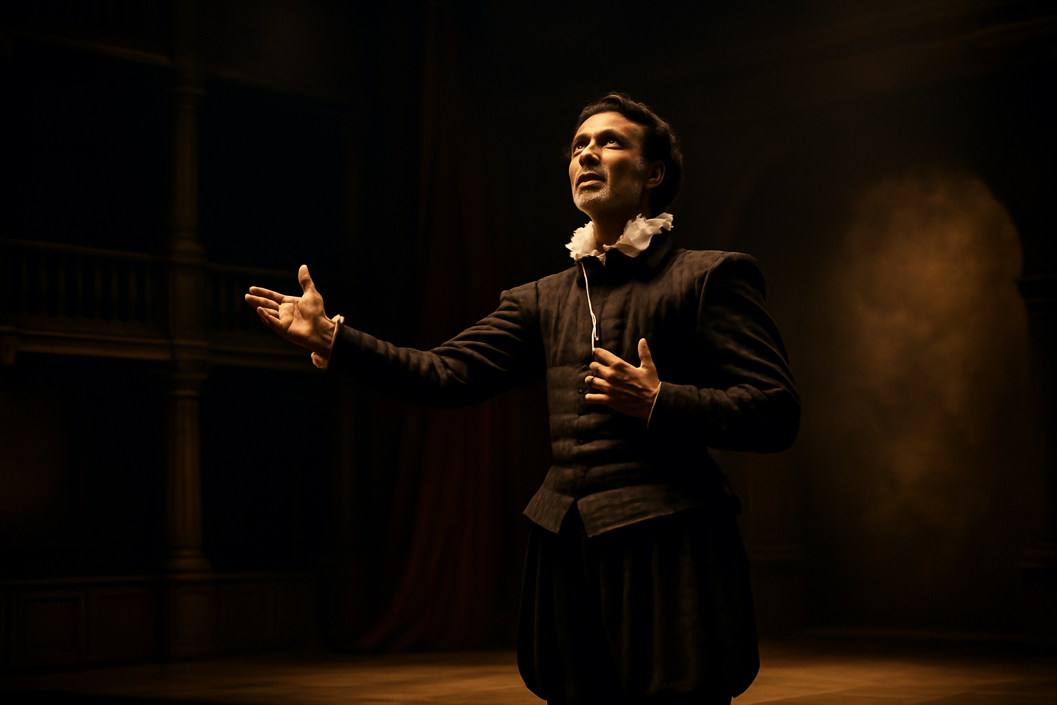 "A historical theatre stage with a character in Renaissance costume, passionately delivering Hamlet’s ‘To be or not to be’ soliloquy. The stage is lit dramatically to highlight the intensity of the moment."16.9 ratio