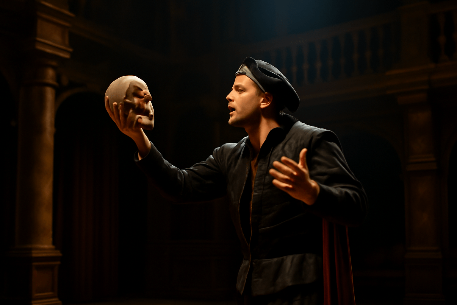 "Actor performing Hamlet's 'To be or not to be' soliloquy holding a skull on stage"