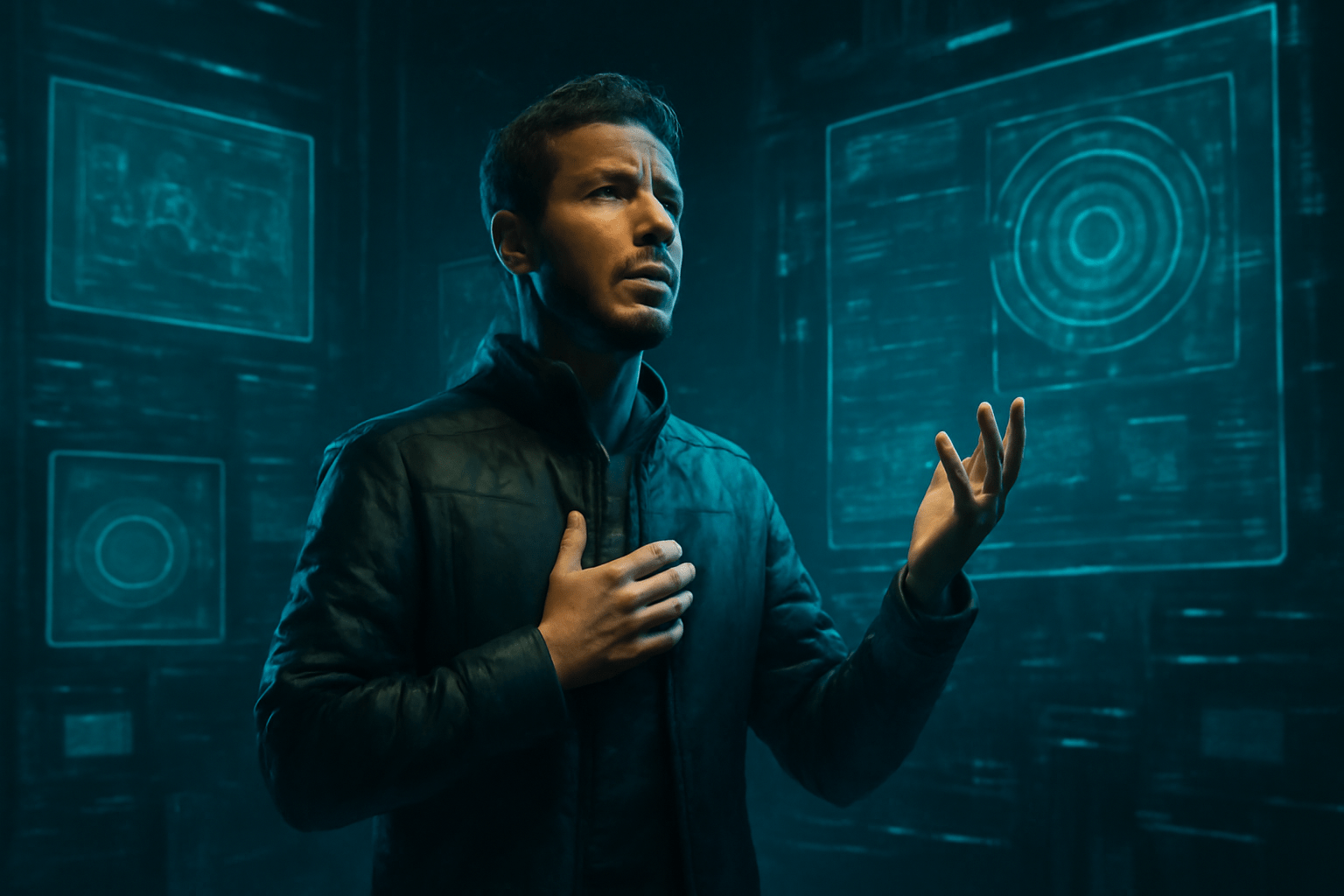 "Character delivering soliloquy in futuristic digital environment with holographic interface"