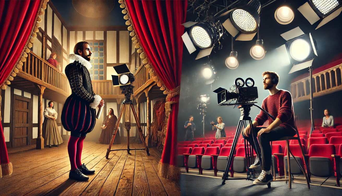 Split-screen illustration of a Shakespearean actor performing a soliloquy on a classic theater stage