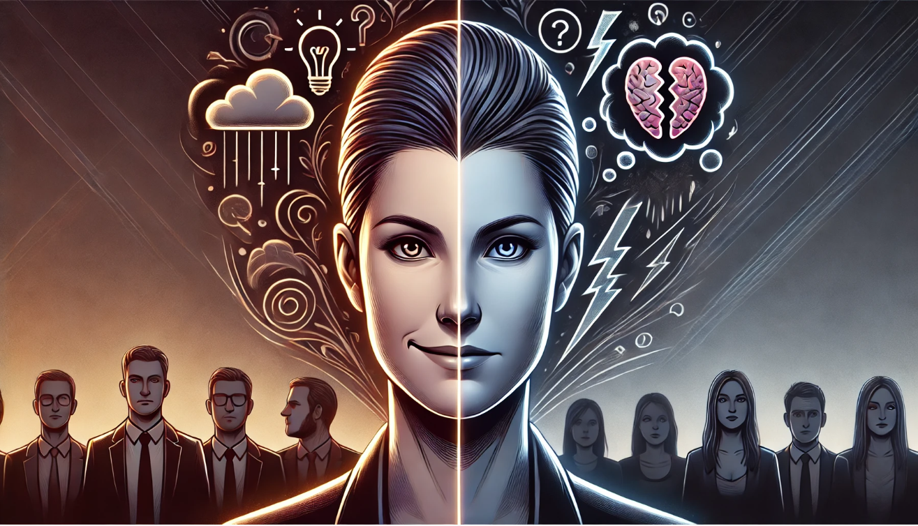 Concept art of a side profile character with a split face