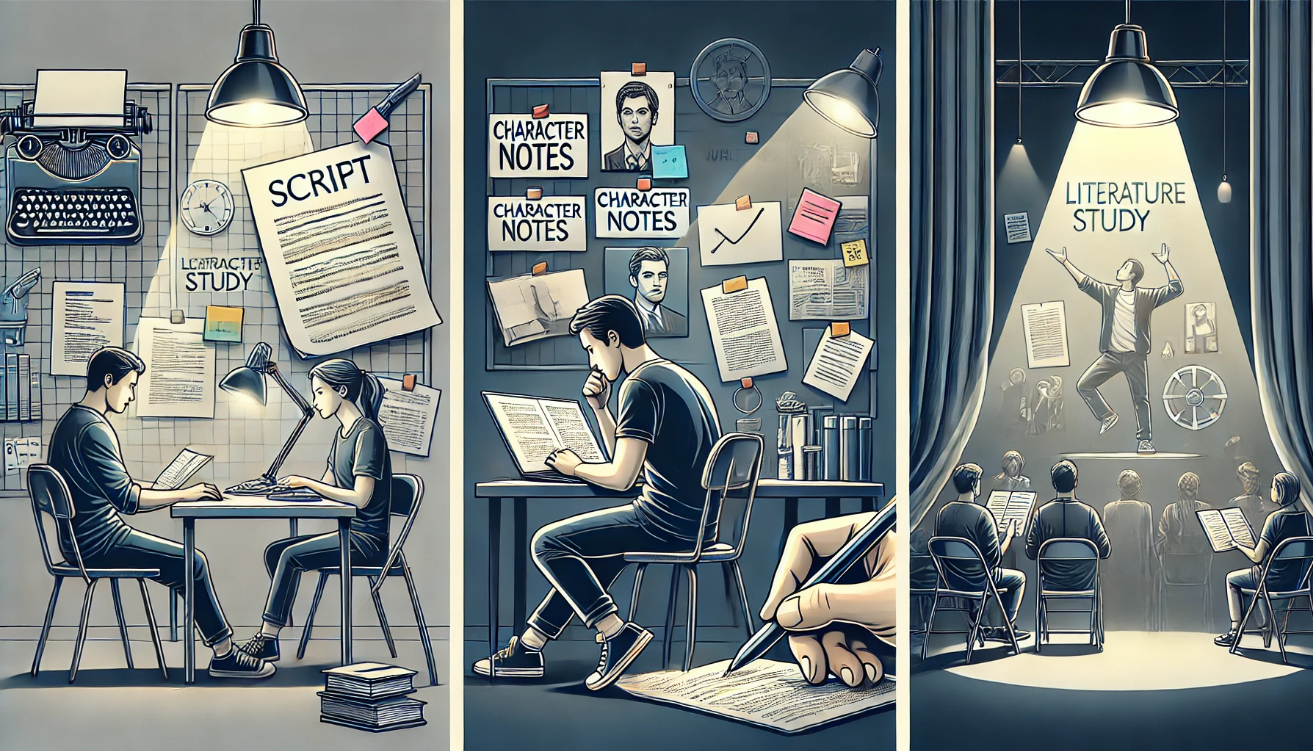 Modern 3-panel concept art depicting the creative process: a student highlights lines in a script for literature study