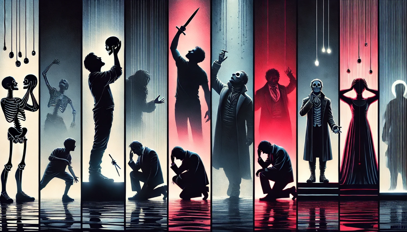 Theatrical visual timeline concept art showing silhouettes of Hamlet holding a skull