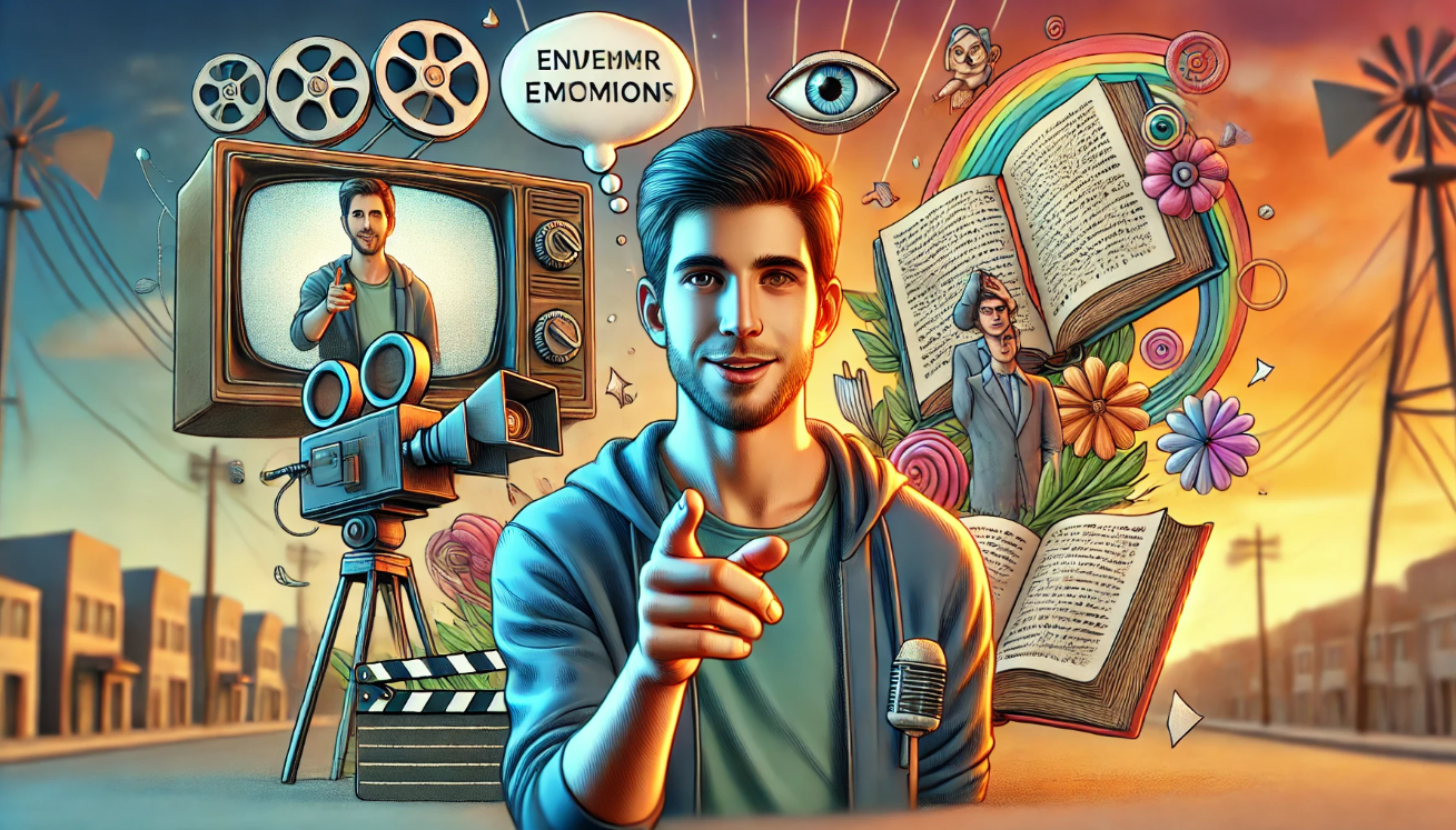 Colorful, stylized illustration of a modern TV character breaking the fourth wall and speaking directly to the camera with a friendly expression and speech bubble