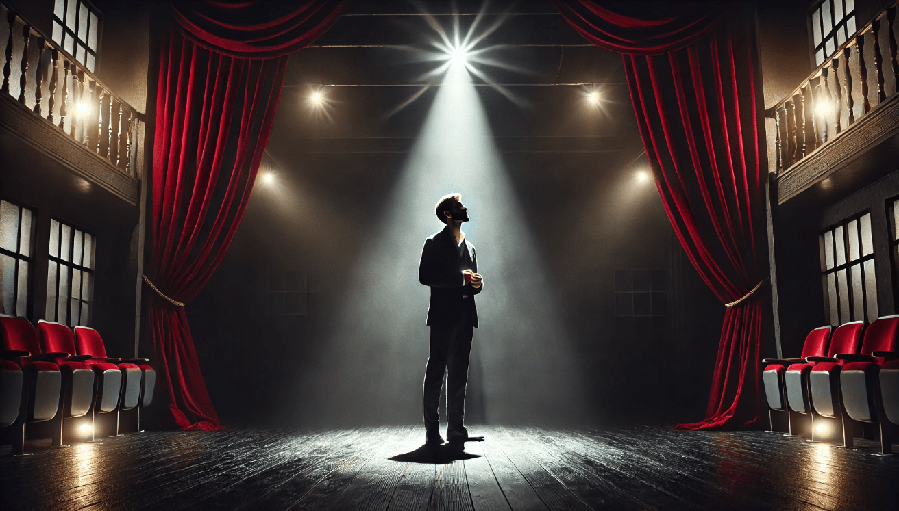 Lone theater actor under spotlight on a dark stage with red velvet curtains