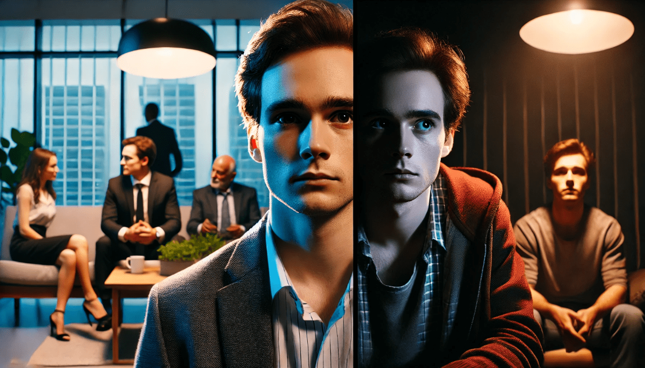 Split image of the same person in two emotional states: calm and composed in a public setting on the left