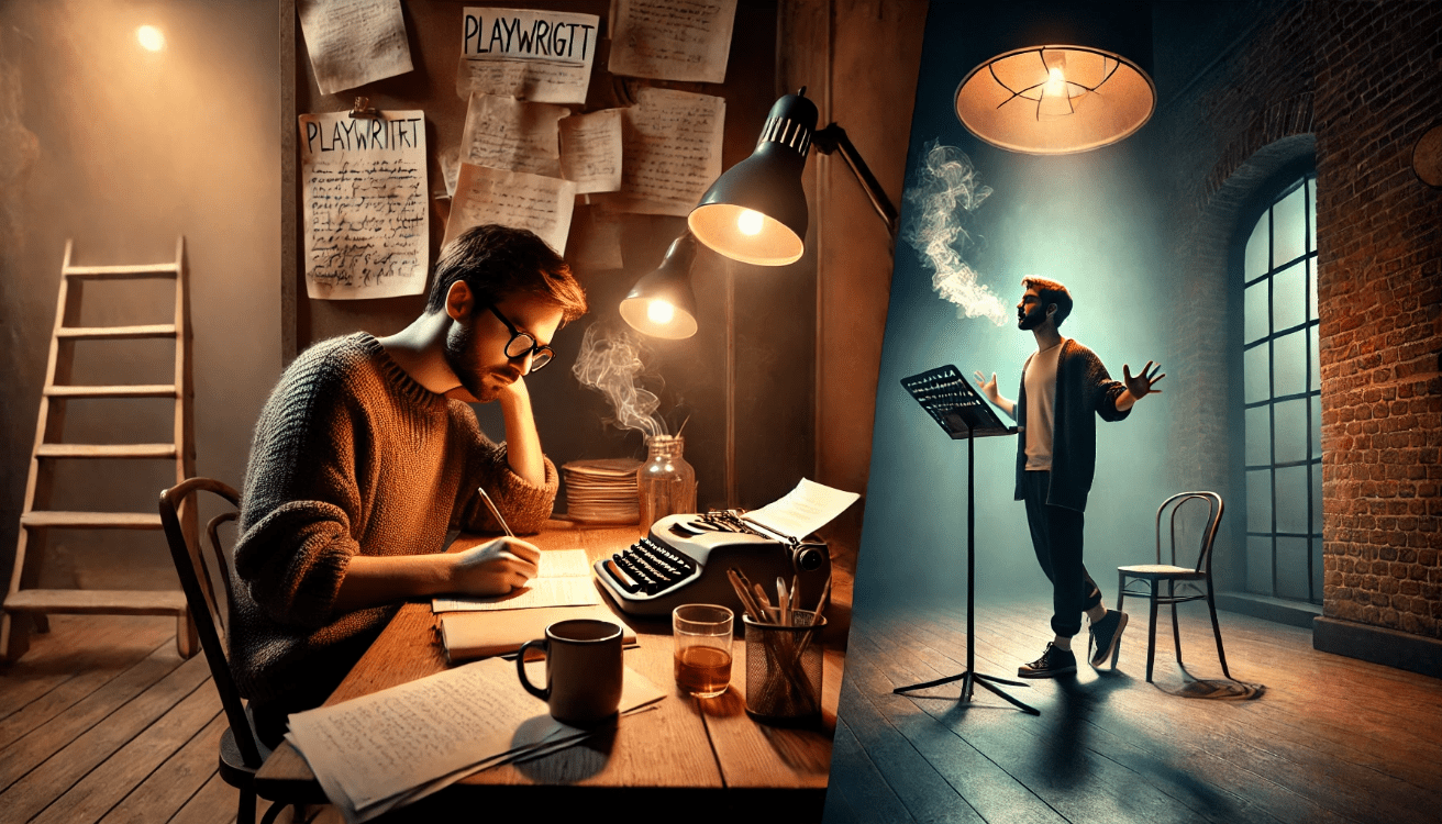 Split scene of a playwright writing at a cozy desk with warm lighting and an actor rehearsing an emotional monologue in front of a mirror, capturing a creative and artistic atmosphere