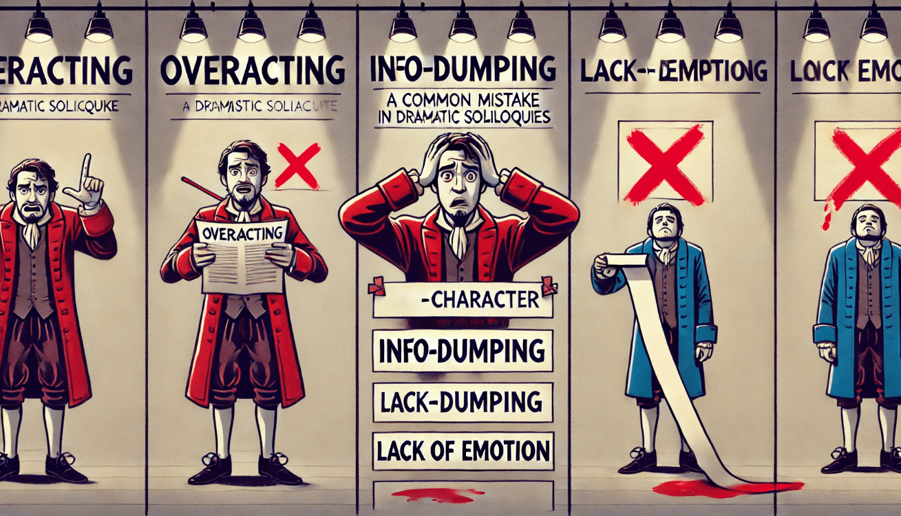 Theatrical storyboard image highlighting three common soliloquy errors: overly dramatic acting, excessive exposition via scroll reading