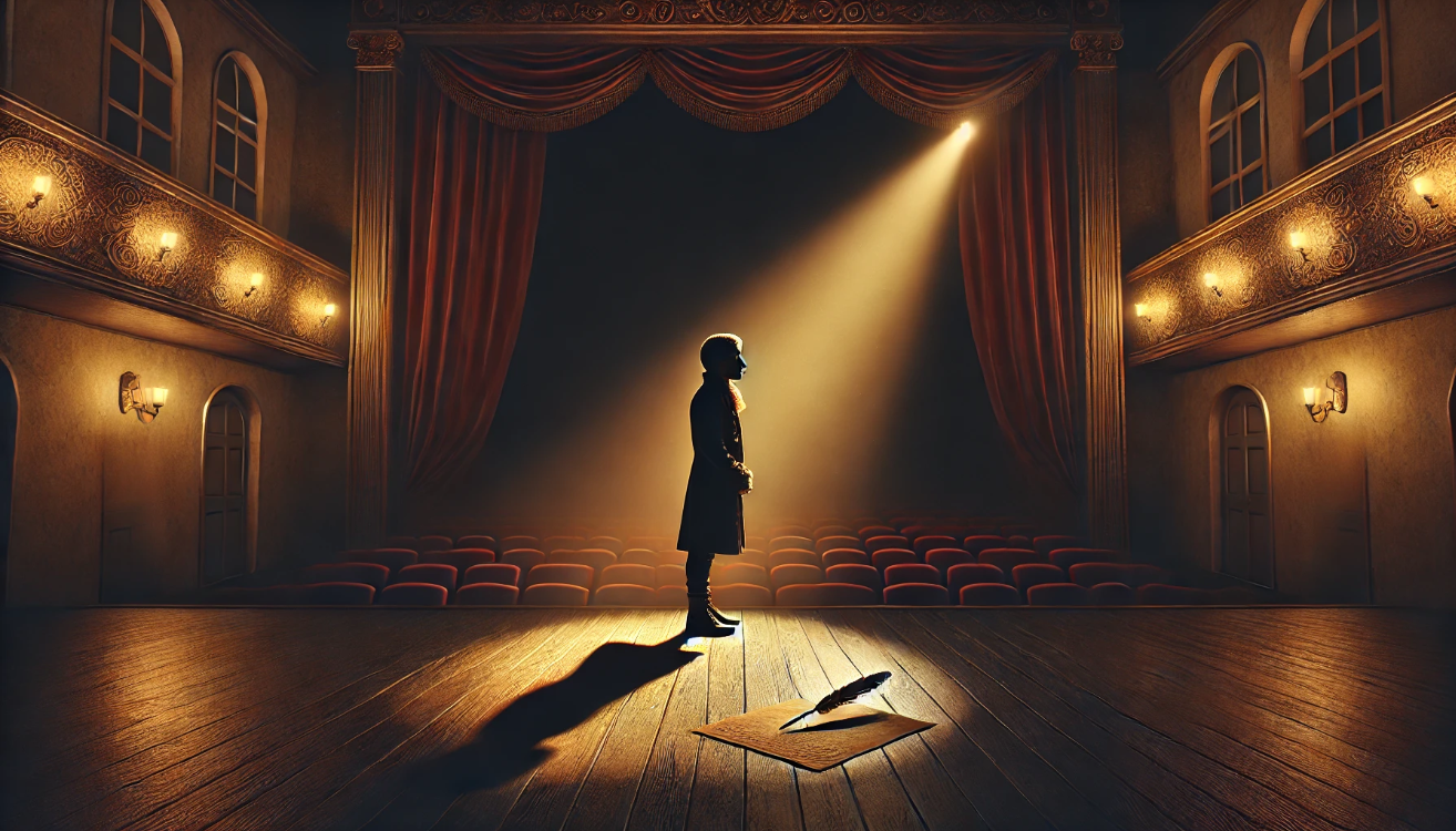Lone actor on moody theater stage under spotlight