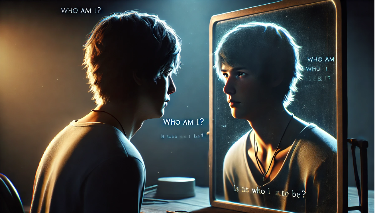 A close-up of a person staring into a mirror.