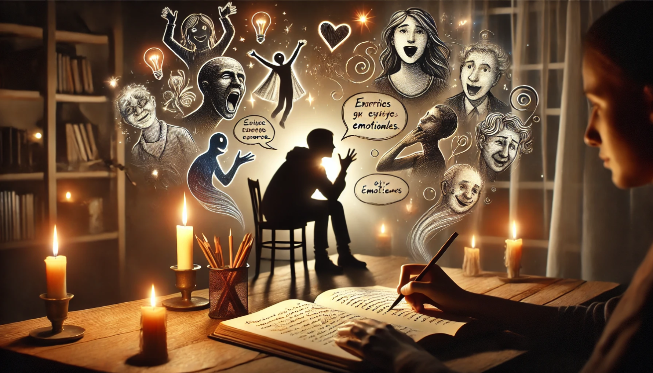A candlelit scene of a writer seated at a rustic desk