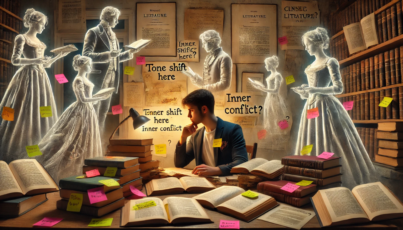 A student sits at a cluttered desk, surrounded by open classic literature books