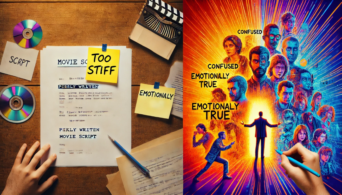 In a horizontal split-image, the left half displays a cluttered writing area with a dull