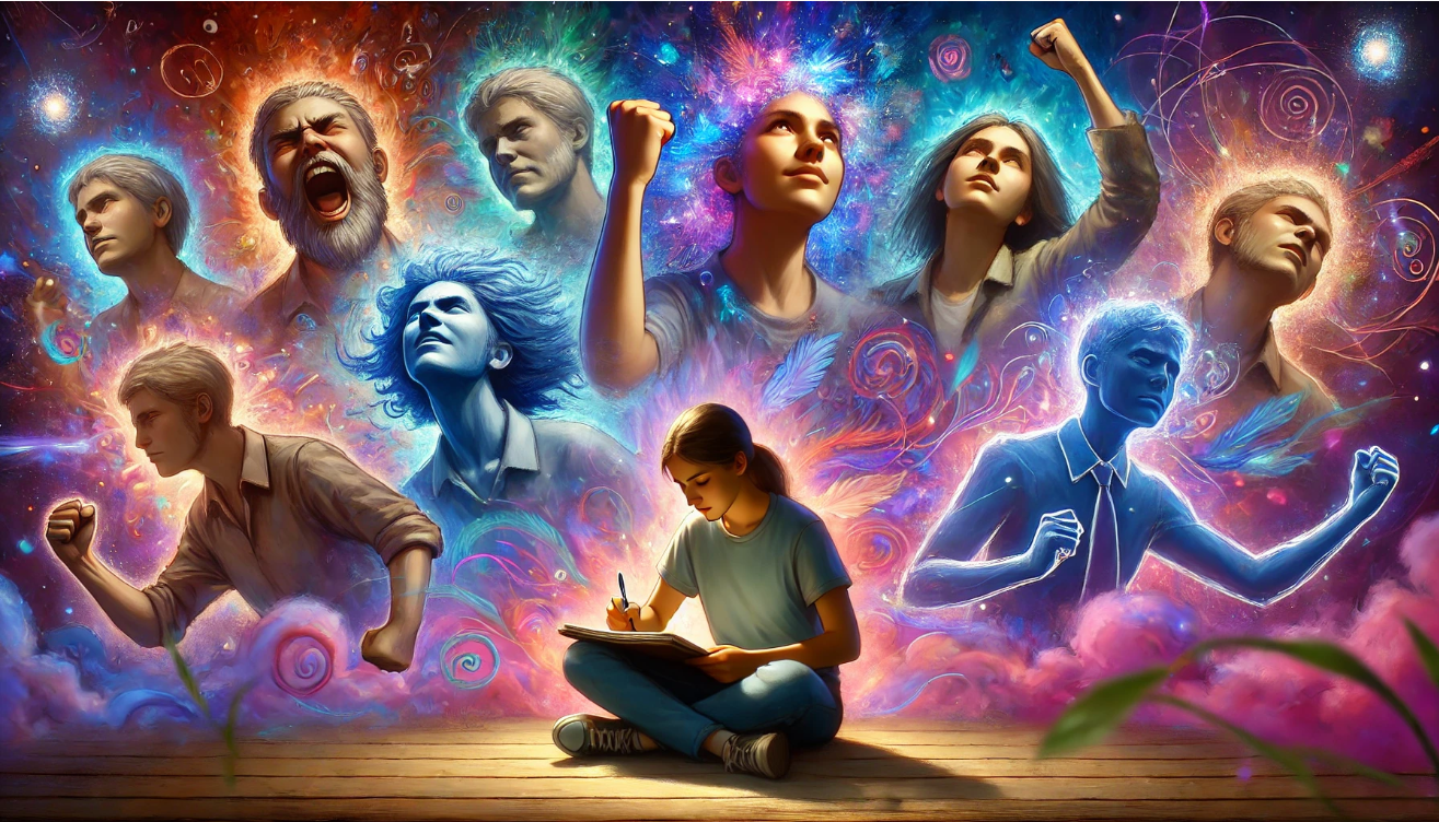 In a wide, horizontal image, a young writer sits peacefully with closed eyes