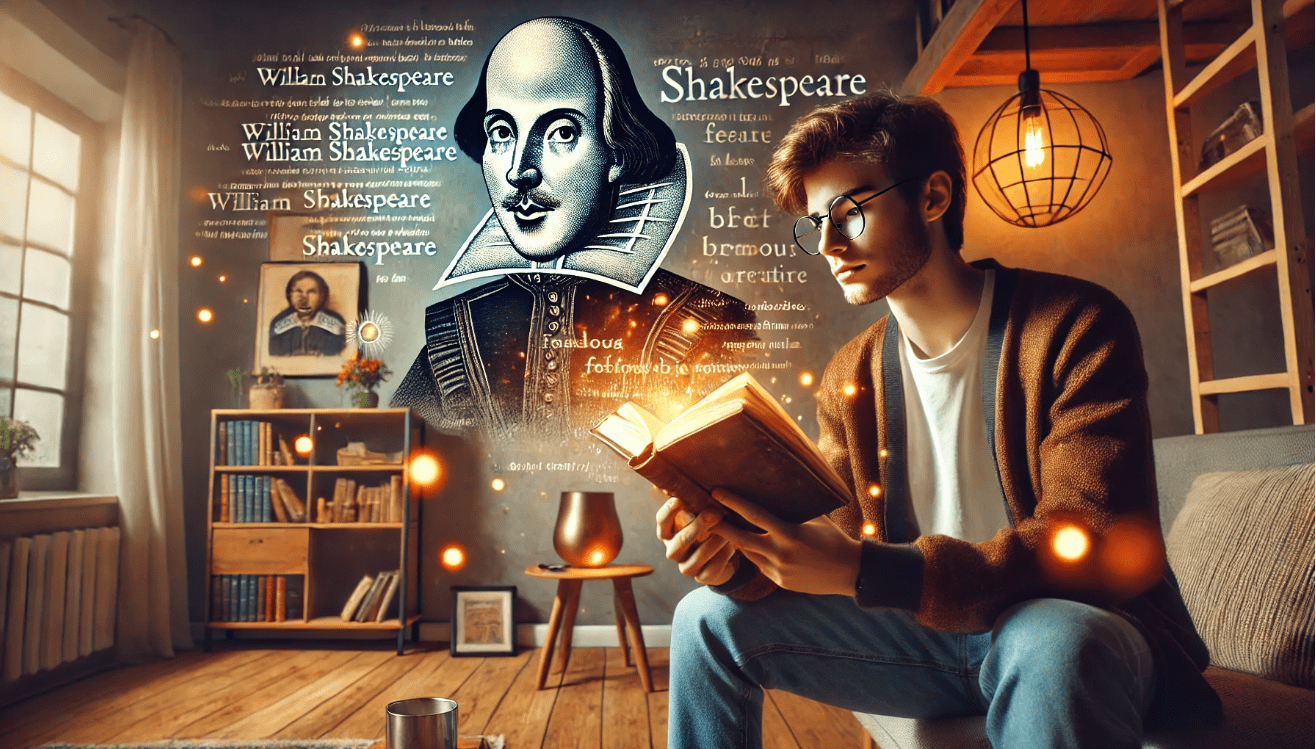 Thoughtful young person reading a leather-bound Shakespeare book in a cozy modern room with glowing text around them