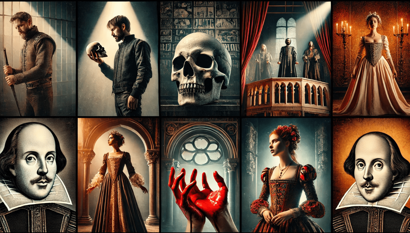 Collage-style scene on a dimly lit stage featuring Shakespearean characters in spotlight: Hamlet holding a skul