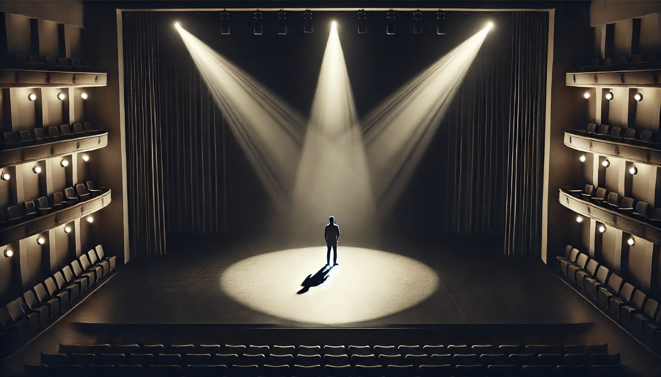 Lone actor under spotlight on dimly lit theater stage delivering emotional monologue in minimalistic dramatic setting