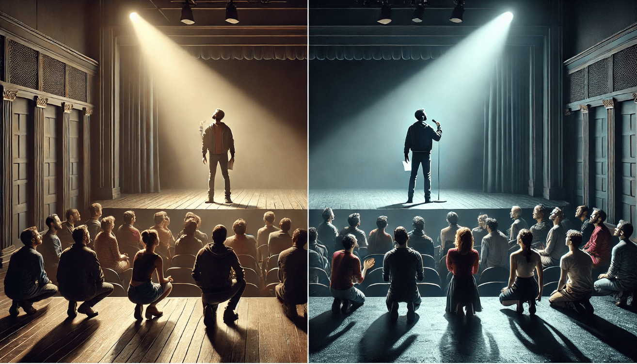 Side-by-side comparison of theatrical performance styles: left shows a lone actor delivering a soliloquy under a spotlight on a dark stage; right shows an actor performing a monologue to a group on a brightly lit stage with audience engagement