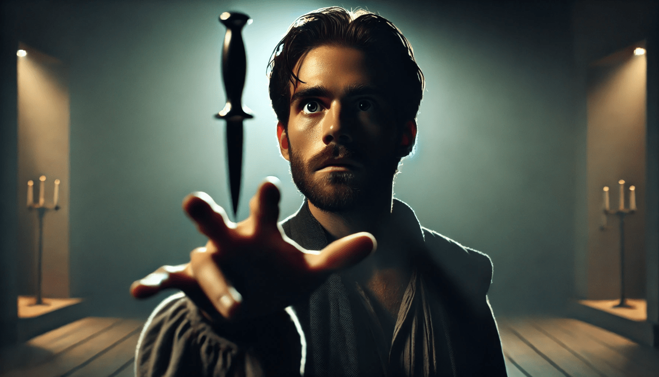Close-up of actor portraying Macbeth in dramatic theater scene