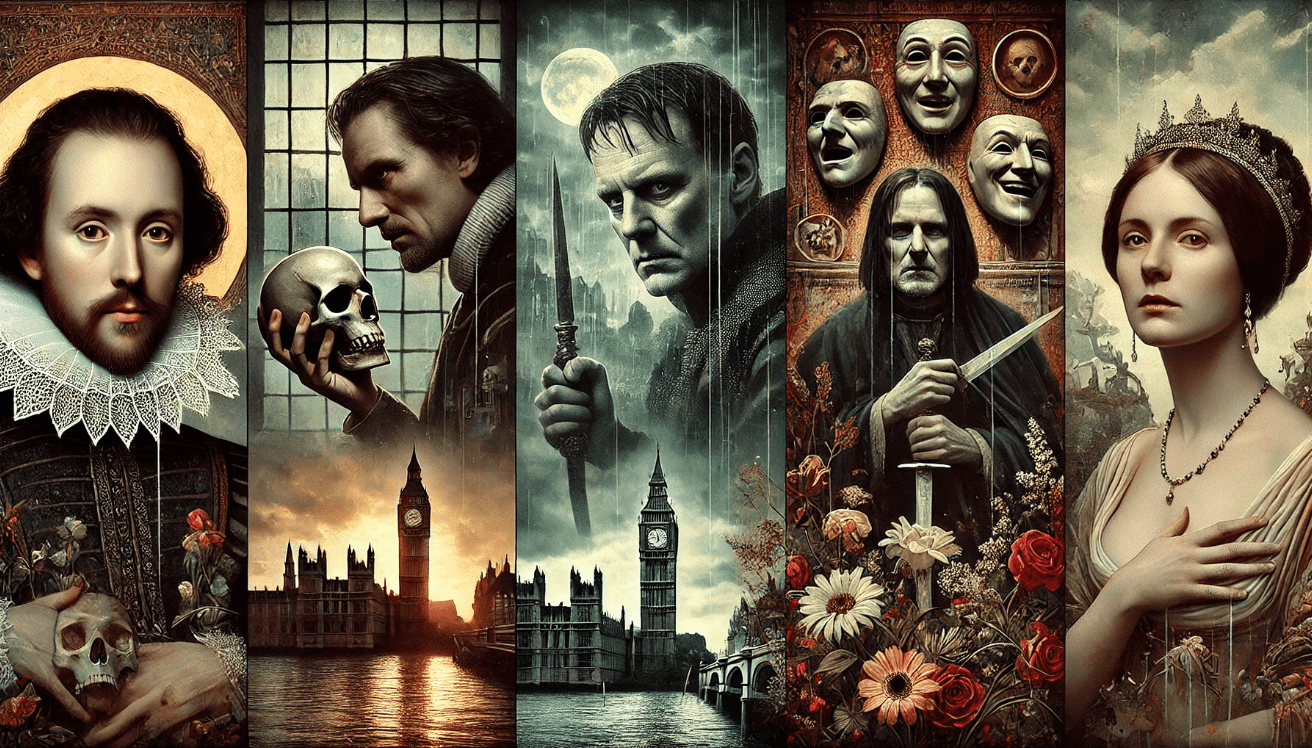 Collage-style digital artwork featuring portraits of four famous literary characters: Hamlet holding a skull in a medieval castle