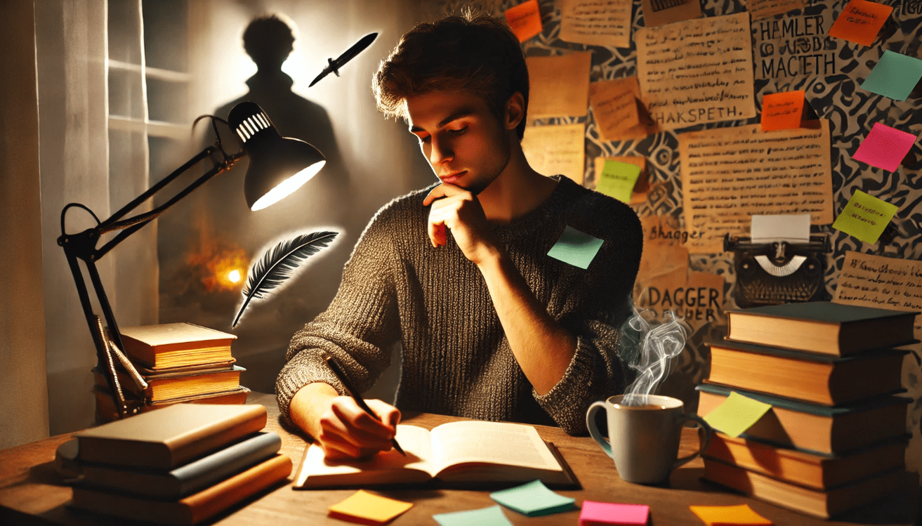 Modern young person journaling alone at night at a cozy desk