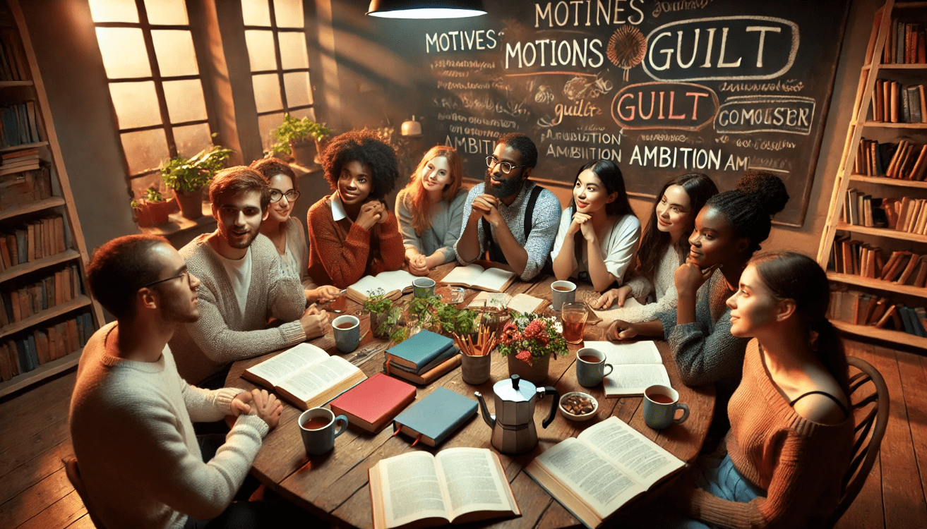 Diverse group of students and book club members discussing literature around a cozy table with open books