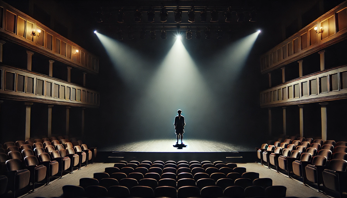 Actor standing alone on a dimly lit theater stage under a spotlight