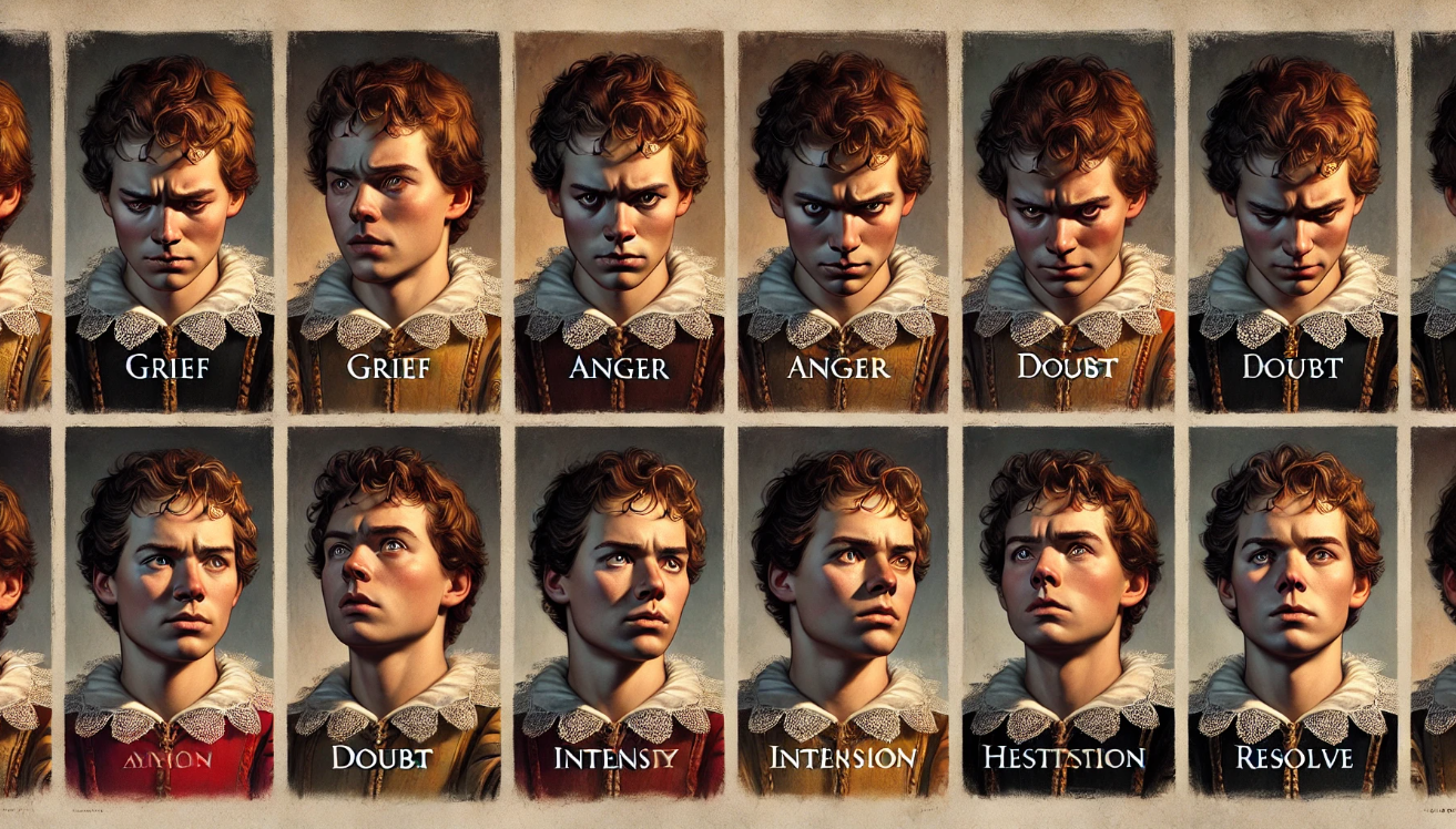 Seven-panel portrait illustration of a Shakespearean prince showing emotions from grief to resolve, symbolizing Hamlet’s soliloquies and inner transformation