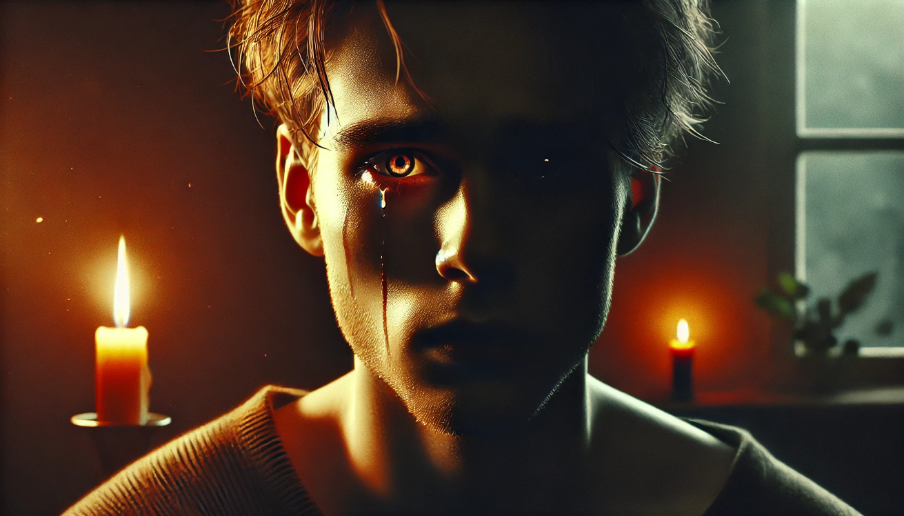 Close-up digital painting of a young man with a conflicted expression