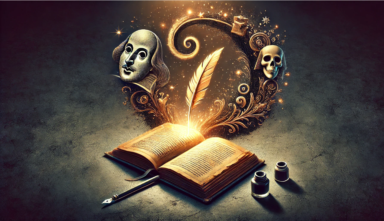 Digital illustration of an open glowing old book with swirling ink forming a quill
