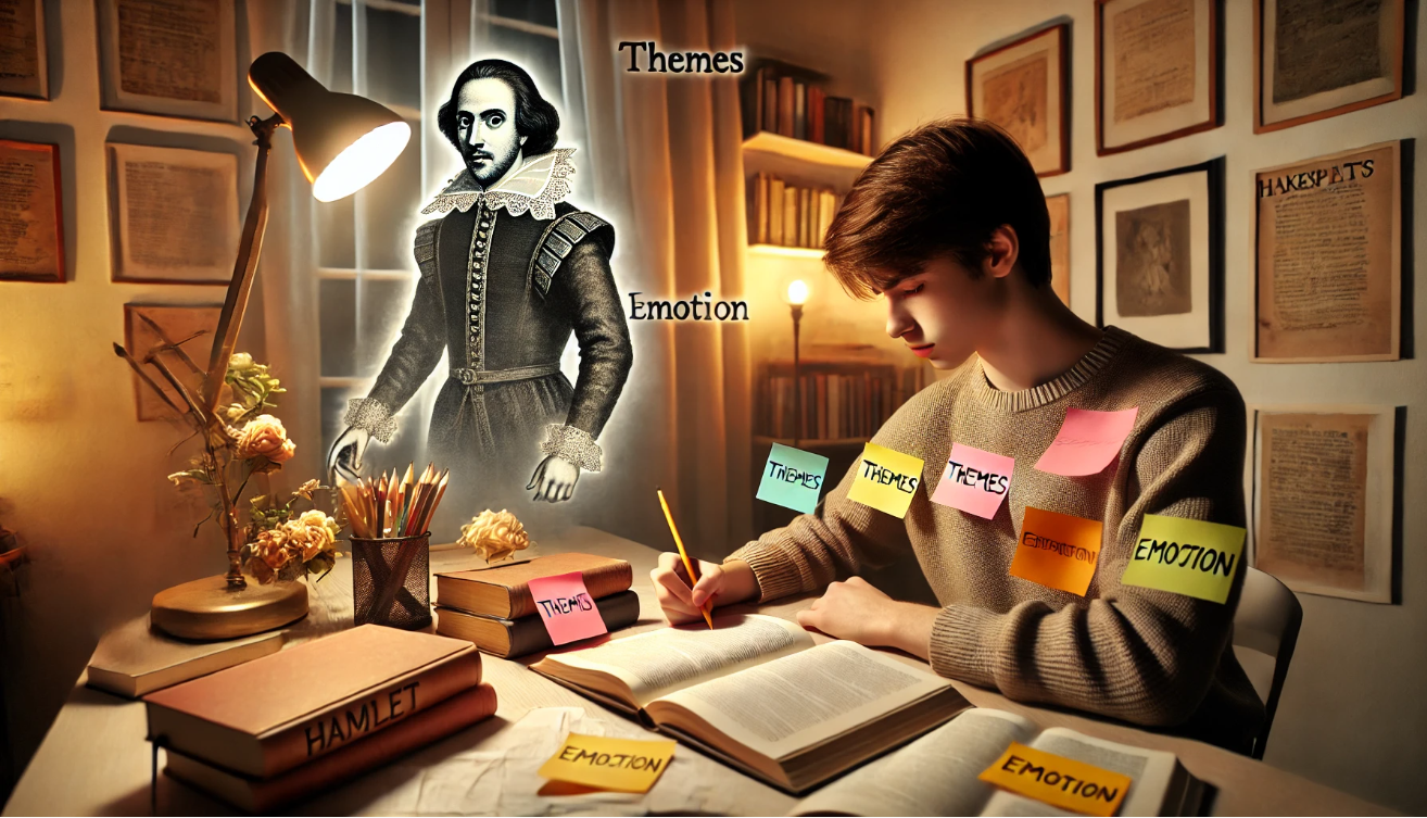 "Student studying Hamlet at a desk with notebook