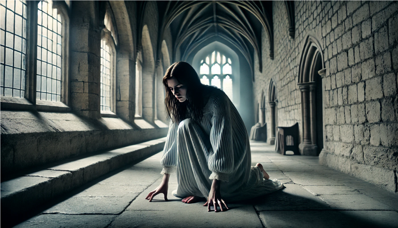 Woman in a nightgown sleepwalking through a medieval corridor, obsessively rubbing her hands under moonlight