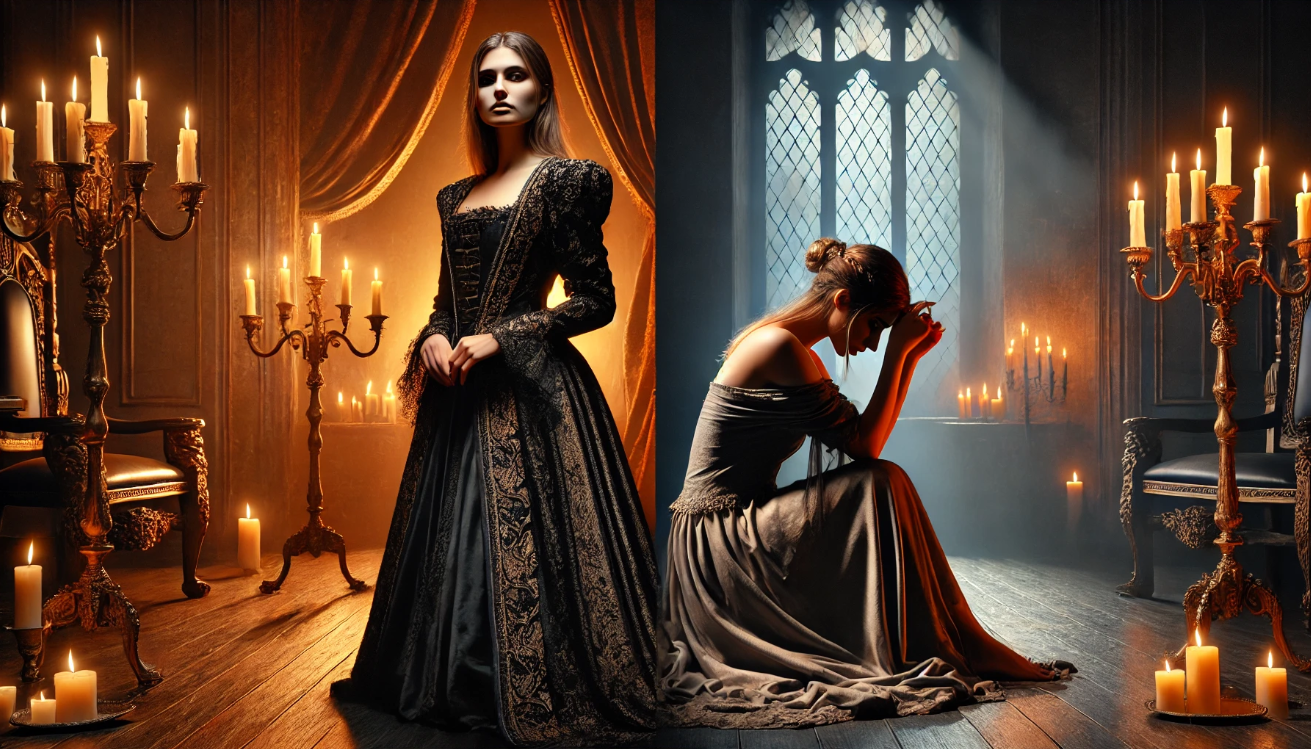 A dramatic side-by-side portrayal of one woman in two emotional states