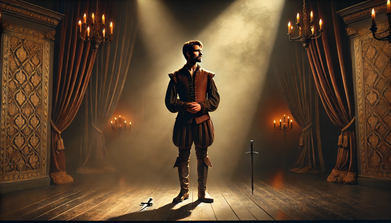 On a fog-filled stage, a medieval-costumed actor performs under a strong spotlight