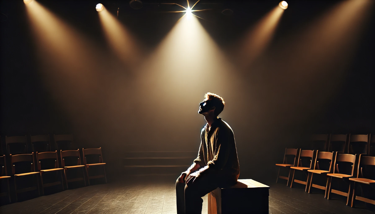 An isolated stage scene featuring a single actor gazing upward as he speaks