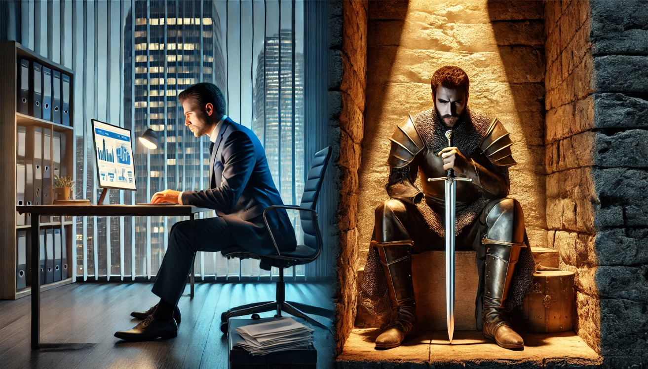 Split-screen image depicting inner conflict across eras