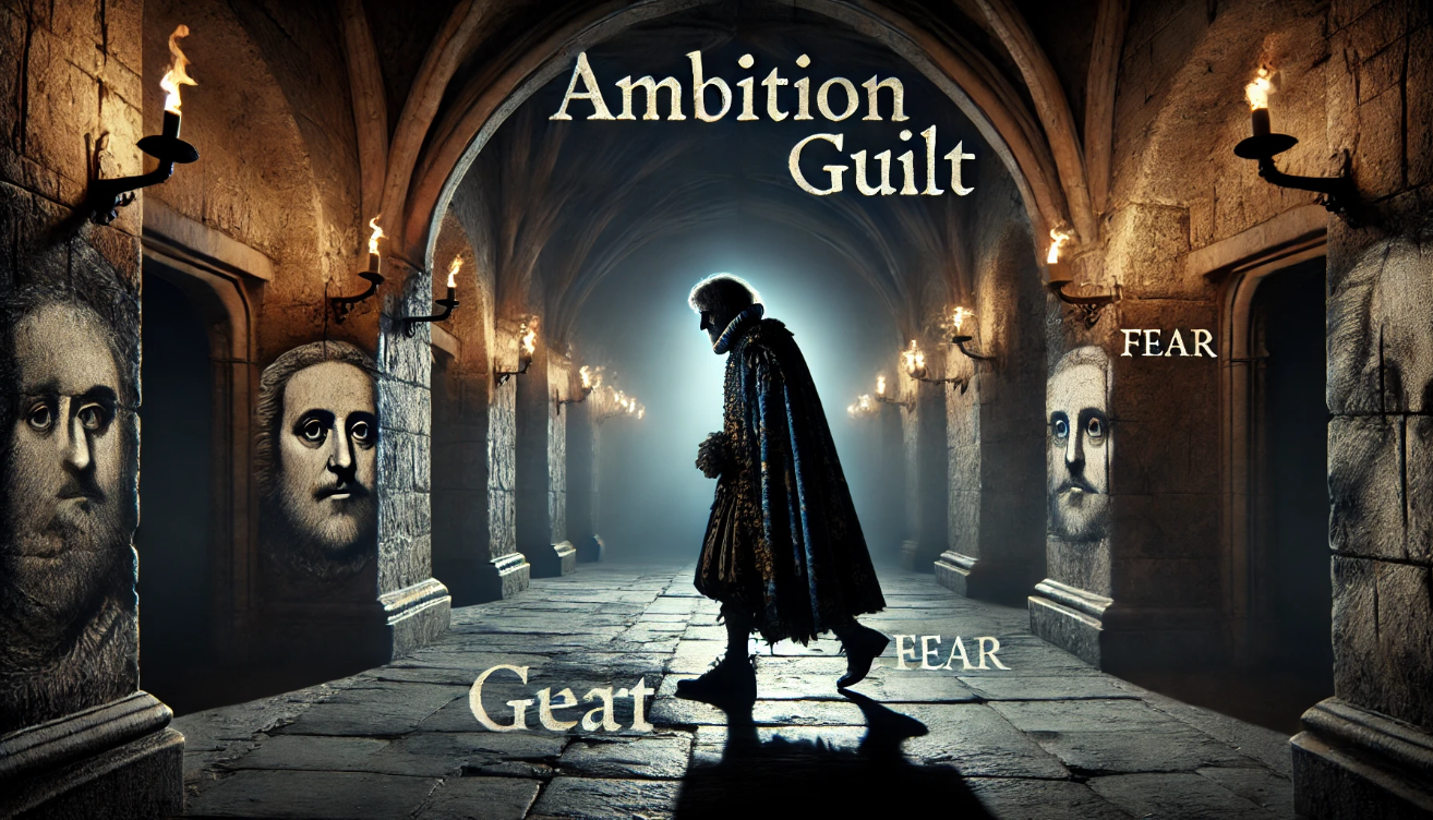 A ghostly medieval figure resembling Macbeth walks alone through a dark