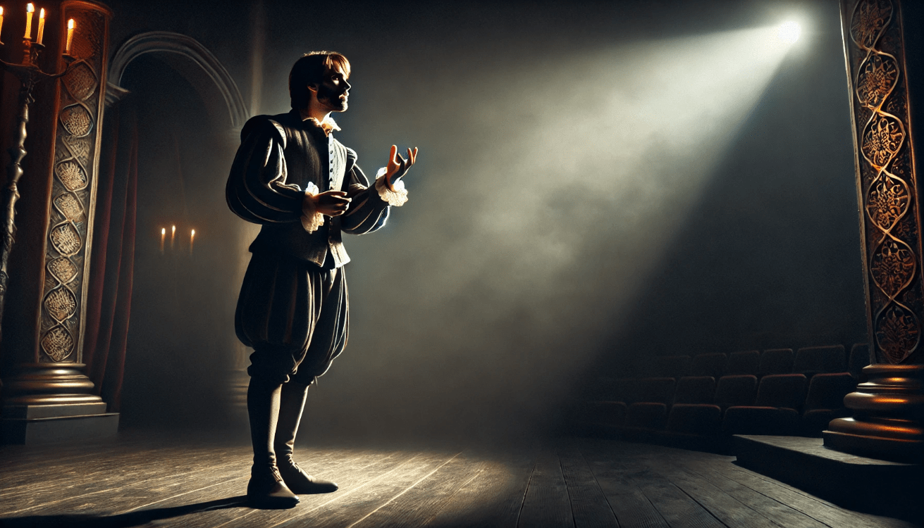 Lone actor in historical costume performing an emotional soliloquy under a spotlight on a dark theater stage, evoking Shakespearean drama