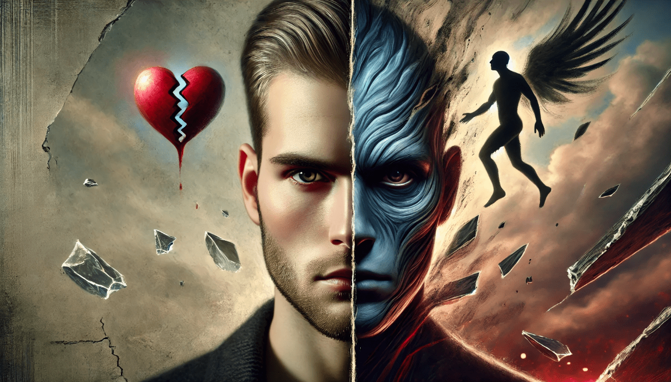 Split-scene illustration of a fictional character with a calm exterior on one side and symbolic inner turmoil on the othe
