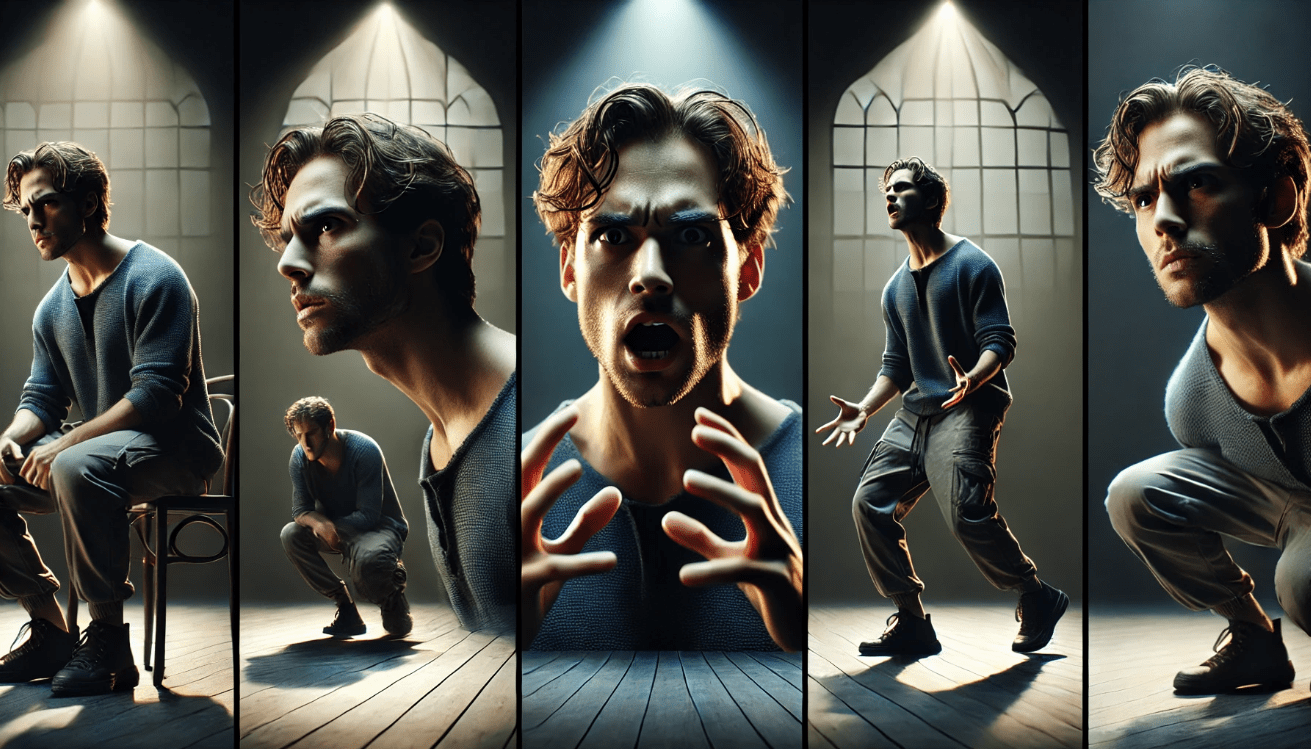 cinematic triptych showing an actor on a dimly lit stage progressing through three emotional states during a monologue