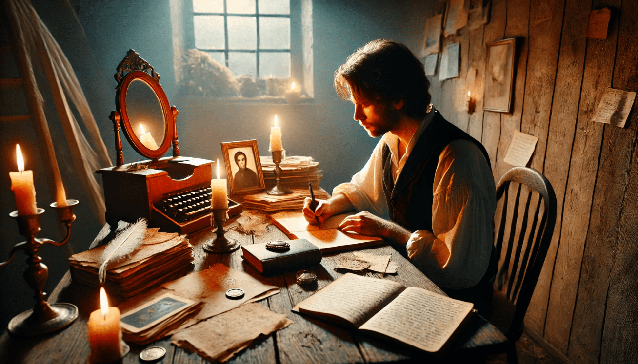 A painterly, cinematic scene of a fictional character sitting alone at a rustic wooden desk