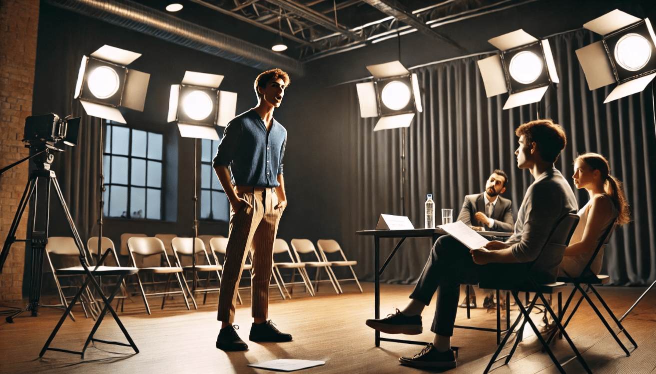 A young actor stands confidently in a small casting room, mid-speech during a dramatic monologue