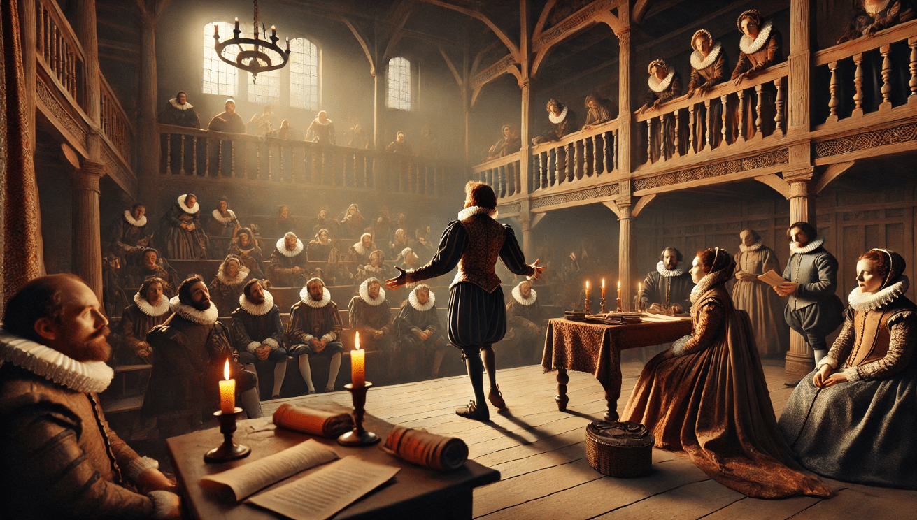 A Shakespearean actor performs a passionate soliloquy alone on a simple wooden stage in a candlelit Renaissance theate