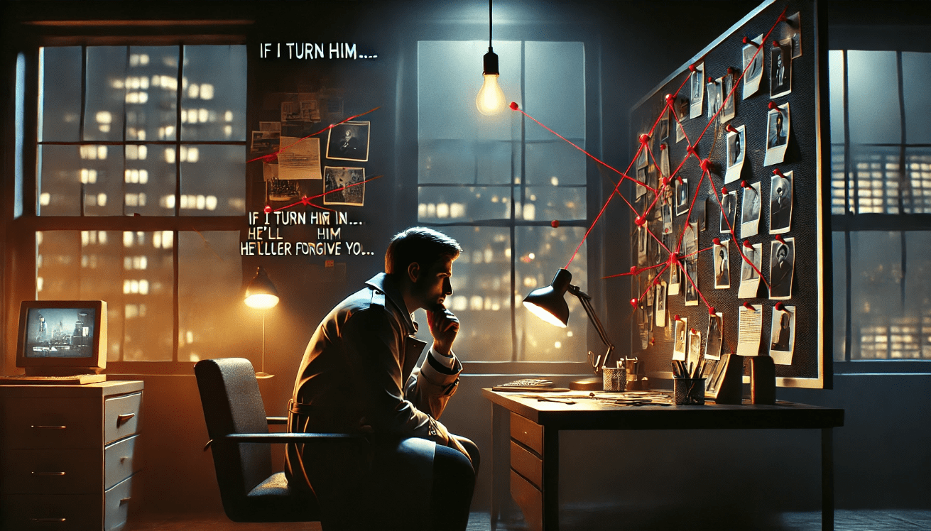 A detective sits alone in a dimly lit office at night
