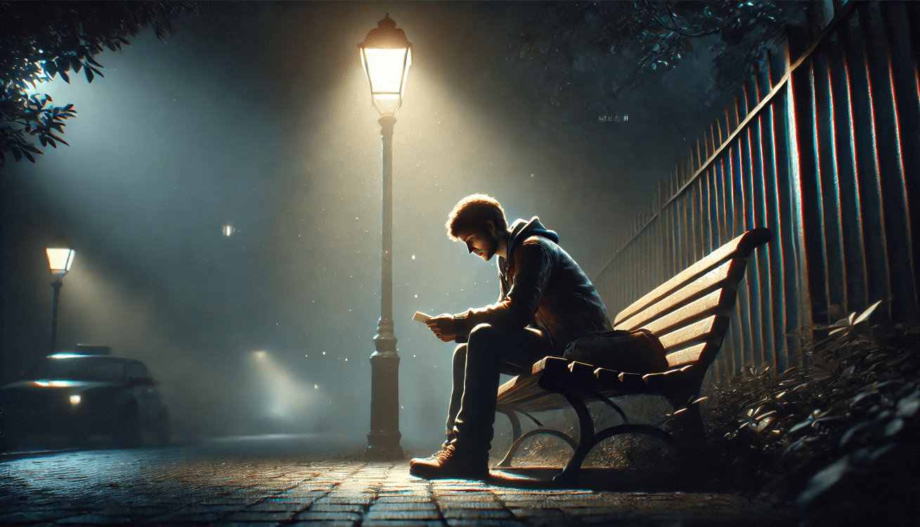 The character holds a small letter or object, gazing at it with a pensive