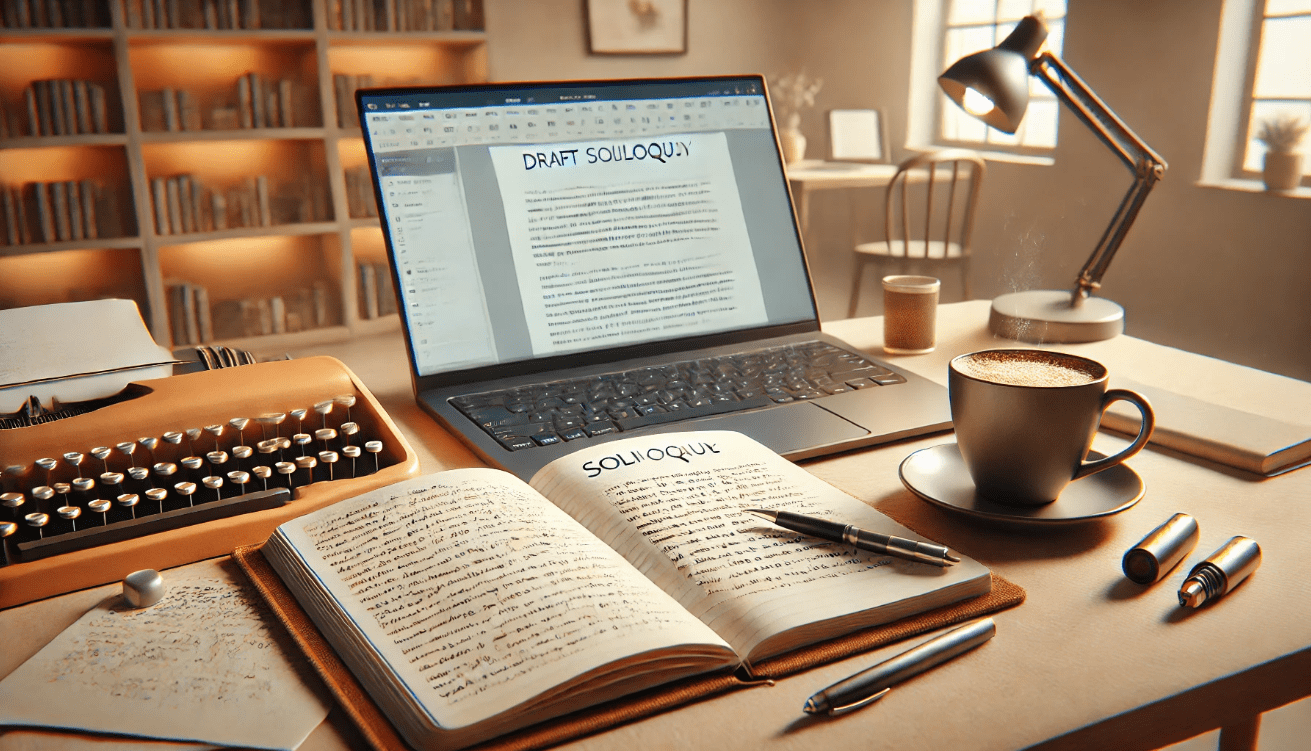 In the foreground, an open notebook displays handwritten character notes and a draft soliloquy